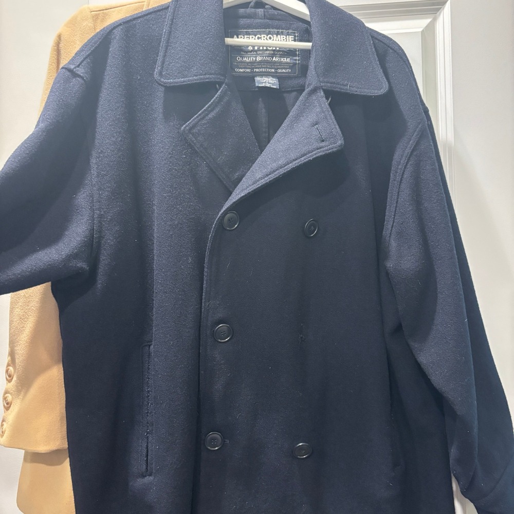 Vintage Abercrombie & Fitch Mens XXL Wool Blend Pea Coat Navy Double Breasted